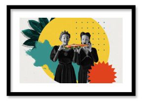 Poster. Two woman as medieval royal persons in monochrome eating vibrant modern sandwich against background with shapes and floral elements. Concept of food and drinks, delivery service. Ad