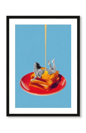 Black and white vintage-style woman lying on stack of toast with pouring honey against blue background. Breakfast. Contemporary art collage. Food, pop art, surrealism concept. Creative colorful design