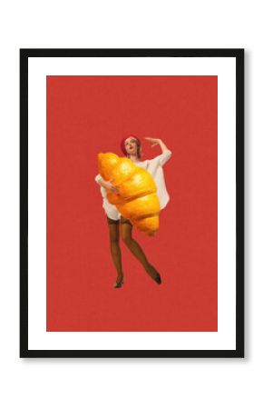 Elegant stylish young girl wearing red beret and holding giant croissant against red background. Contemporary art collage. Concept of food, pop art, surrealism. Creative colorful design.