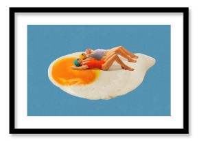 Three vintage-style women in swimsuits and bathing caps sunbathing on large fried egg against blue background. Summer vacation. Contemporary art. Concept of food, pop art, surrealism. Colorful design
