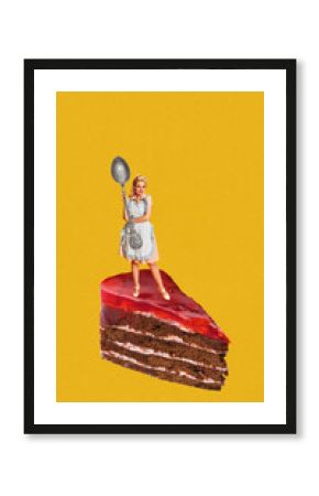 Elegant woman in vintage style clothing standing in cake with big spoon against bright yellow background. Contemporary art collage. Concept of food, pop art, surrealism. Creative colorful design.