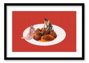 Two beautiful women inside giant plate with spaghetti and meatballs against red background, Dinner. Contemporary art collage. Concept of food, pop art, surrealism. Creative colorful design.