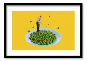 Man in vintage clothes playing golf on plate of peas against yellow background. Contemporary art collage. Sport club and hobby. Concept of food, pop art, surrealism. Creative colorful design.