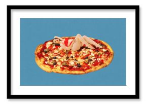 Beautiful woman in polka-dot swimsuit lying on giant pizza against blue background. Summer vacation. Contemporary art collage. Concept of food, pop art, surrealism. Creative colorful design.