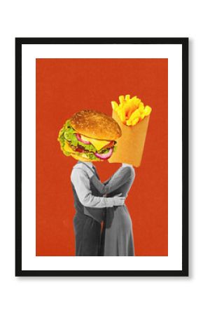 Monochrome couple embracing with heads replaced by large burger and French fries against red background. Contemporary art collage. Concept of food, pop art, surrealism. Creative colorful design.
