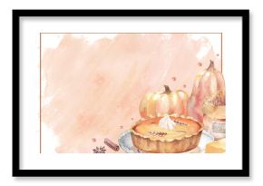 Thanksgiving day banner. Festive background with pumpkin pie, ingredients and whole pumpkins