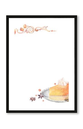 Thanksgiving day banner. Festive background with vignette, slice of pumpkin pie and autumn leaves