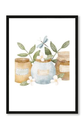 Jars and a pot of honey with a dragonfly in leaves and flowers. Watercolor illustration in cartoon style is hand drawn. Composition isolated from the background for greeting card, poster, template, on