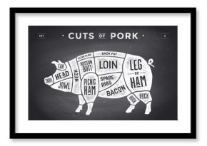 Cut of meat set. Poster Butcher diagram, scheme and guide - Pork. Vintage typographic hand-drawn. illustration.