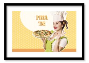 Woman chef holding pizza on retro background