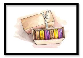 box with macaroons. watercolor hand painted illustration.