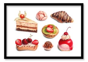 Watercolor illustration of desserts. Seamless pattern