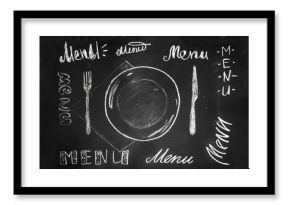 Menu restaurant lettering on a plate with a fork and a spoon on the side in retro style drawing with chalk on blackboard.