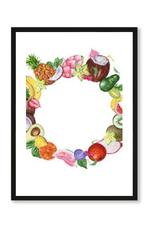 Watercolor frame with fruits and leaves.