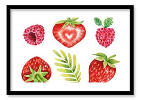 Illustartion of watercolor hand drawn set of colorful raspberry , strawberry and leaf. Whole and sliced strawberries. Heart. Berry for decorative poster, emblem natural product, farmers market. 