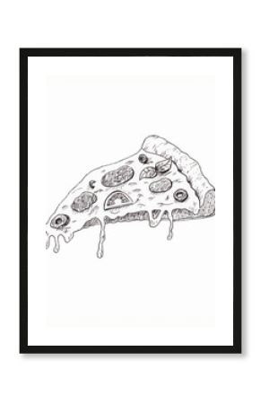 Pizza sketch, hand drawn slice of pizza, hand-drawn black white illustration isolated on white background