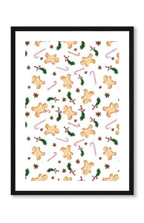 Seamless pattern with gingerbread man, candy cane, anise star and holly. The illustration is drawn by hand with markers and watercolors.