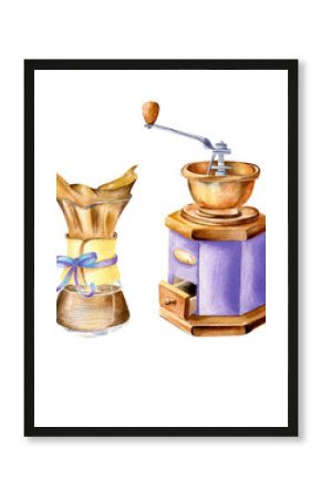 Watercolor coffee clipart collection in vintage style. Set of pourover and coffee mill in blue, gold and violet colors