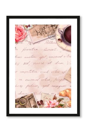 Hand written letters, coffee or tea cup, macaroon cakes, rose flowers, stamps, keys. Vintage card, blank, frame in french style