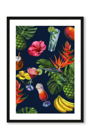 Watercolour pattern with tropical palm leaves, bananas, pineapples, drinks party and flowers. Seamless pattern, summer background