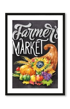 Farmer’s market chalk hand lettering with colorful cornucopia on black chalkboard background. Vintage food illustration.