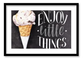 Enjoy little things chalk lettering on black chalkboard background with colorful ice cream in cone drawing. Hand drawn vintage illustration.