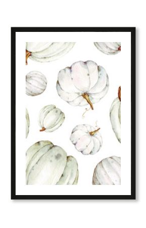 Beautiful seamless pumpkins pattern on isolated white background. Watercolor illustration. Hand drawing. It is perfect for thanksgiving cards or posters, halloween 