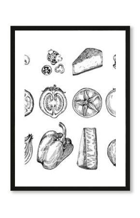 Vintage drawing, pizza, table, organic food ingredients. Hand drawn pizza illustration. Great for menu, poster or label.