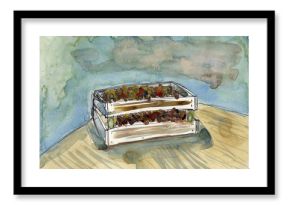 Hand drawn watercolor sketch. Black ink line art. White wooden box with chocolate sweets and cookies on table. Pastel colors. Abstract background. Food illustration. For post cards and posters.