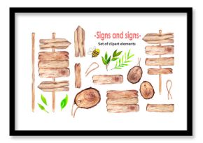 Watercolor illustration. A set of wooden signs and signs on a white background, with a bee and green twigs.
