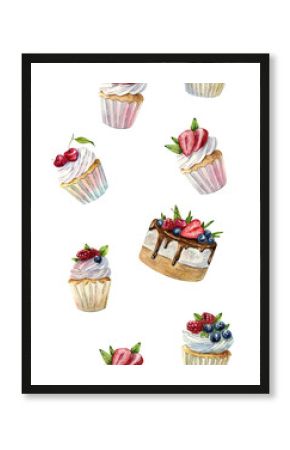 Beautiful watercolor seamless pattern with teapots, cups, cakes, cupcakes, tablecloth flowers, labels.  invitation cards, kitchen decor, greeting cards, posters, scrapbooking, print, wallpaper