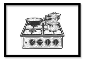 old stove with pots and pans sketch raster