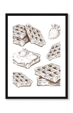 Hand drawn cute waffles isolated on white. sketch of belgium wafers in vintage engraved style. sweet pastry ink illustration. dessert collection for label, logo, bakery menu, posters design ect.