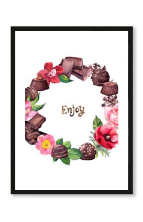 Chocolate - blocks, candies, flower. Food and flowers wreath with lettering text Enjoy . Watercolor