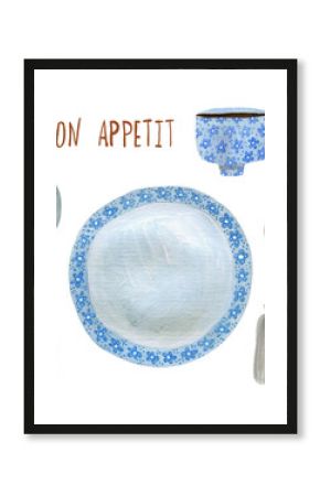 Watercolor set of spoon, folk, plate, cup. Hand-drawn illustration isolated on the white background.