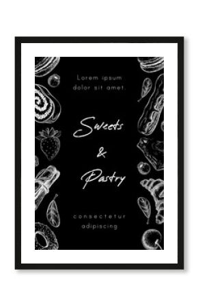 chalk bakery or pastry banner, background, square frame or menu template on black chalkboard. illustration of sweet desserts, pastries and berries on blackboard. vintage style. great for design.