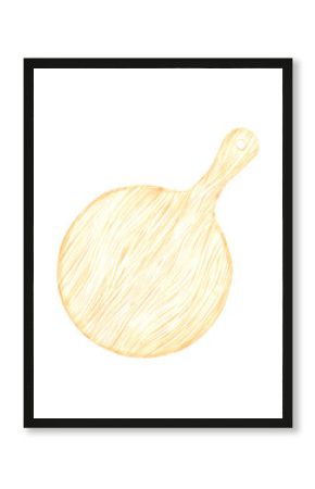 Hand drawn watercolor wooden round chopping board. Illustration isolated on white background. Can be used for label, card, scrapbook and other printed products.