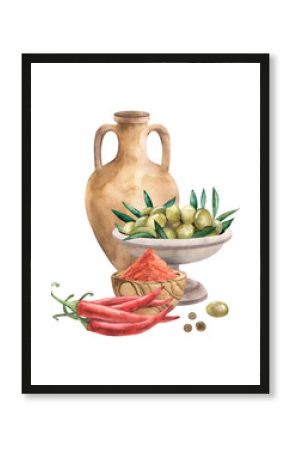 Watercolor illustration of Mediterranean food ingredients: green olives in a bowl, chili peppers, spices, clay amphora, and tomato paste. Rustic kitchen decor, organic cuisine, healthy cooking.