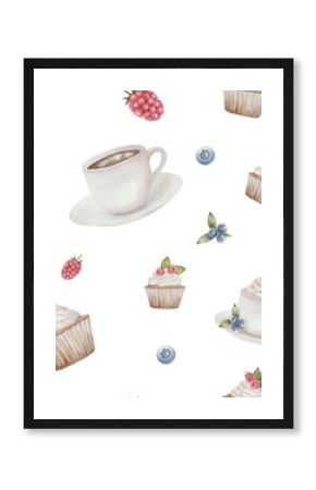 Cups of coffee, raspberries, blueberries and green leaves. Seamless watercolor pattern. Botanical illustration, isolated on white background. For invitations, design, scrapbooking, printing, kitchen