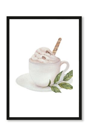 White cup of coffee or hot chocolate with a waffle tube. Standing on a saucer with a green sprig lying next to it. For menu design, cafe
