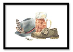 Mug of beer with Germany hat and shoe. Traditional drink with clothes and footwear at the Oktoberfest Bavarian festival. Watercolor hand drawn illustration isolated from background for card, poster.