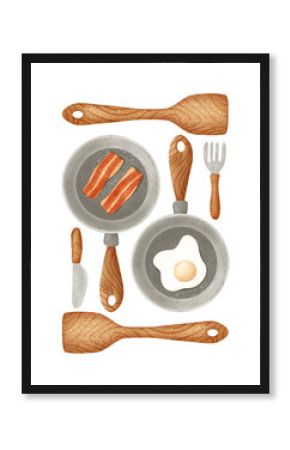 Rustic Kitchen Tools with Frying Pan and Egg texture Illustration