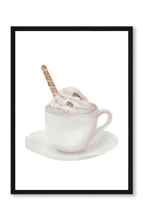 White coffee cup with hot chocolate and cream with waffle tube, with coffee beans, saucer. Watercolor illustration isolated on white background. For cafe menu design, textiles, postcards, cooking