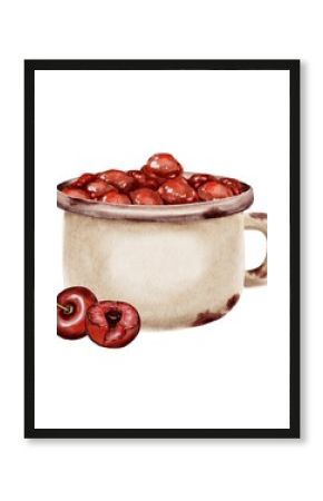 Watercolor illustration of a vintage mug filled with red cherries jam and ripe cherry near. Realistic style. Suitable for menu design, packaging, culinary blogs, greeting cards, and interior decor