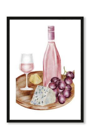 Wine bottle and a glass with snacks on the board watercolor. Hand drawn pink alcoholic drink. Clip art of drink. Ideal for advertising posters of bar and restaurant menu.
