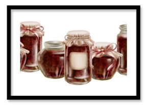 Cherry jam in glass jars in a seamless border with fabric vintage lids, label with ribbons and twine in a bow. Hand-drawn watercolor illustration on a transparent background