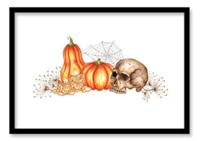 Human skull with orange pumpkins, candles, spider web and dried flowers watercolor illustration. Isolated on background for Halloween and Day of the Dead. For dark magic decor, gothic poster, horror