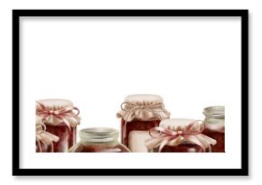 Cherry jam in glass jars in a seamless border with fabric vintage lids, label with ribbons and twine in a bow. Hand-drawn watercolor illustration on a transparent background