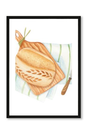 Hand-drawn illustration of a rustic sourdough loaf on a wooden cutting board with a kitchen towel and bread knife. Watercolour artwork in warm natural tones. Perfect for food design, packaging, blogs