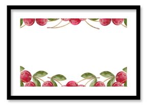 Frame watercolor illustration of cherry berries with green leaves, illustration juicy fruit red pink hand drawn Template rectangular for invitation, postcard, poster, packaging cosmetics, products